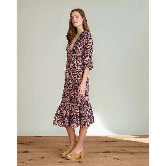 VERONICA BEARD VANI FLORAL LONG SLEEVE Empire waist MIDI DRESS Peasant Boho Flow - Picture 1 of 13